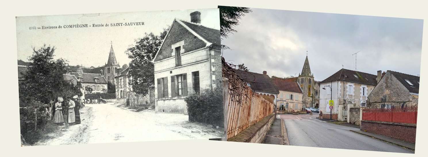 photo d'antan et de maintenant représentant l'église vue depuis la rue de Compiègne